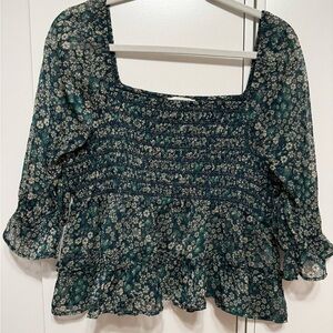 American Eagle Outfitters Green Floral Smocked Square-Neck Peplum Top